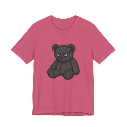 Angry Teddy Bear Graphic T-Shirt – Dark Theme Grayscale Plush with Attitude on Black Tee for Edgy or Ironic Style. Unisex Jersey Short Sleeve Tee