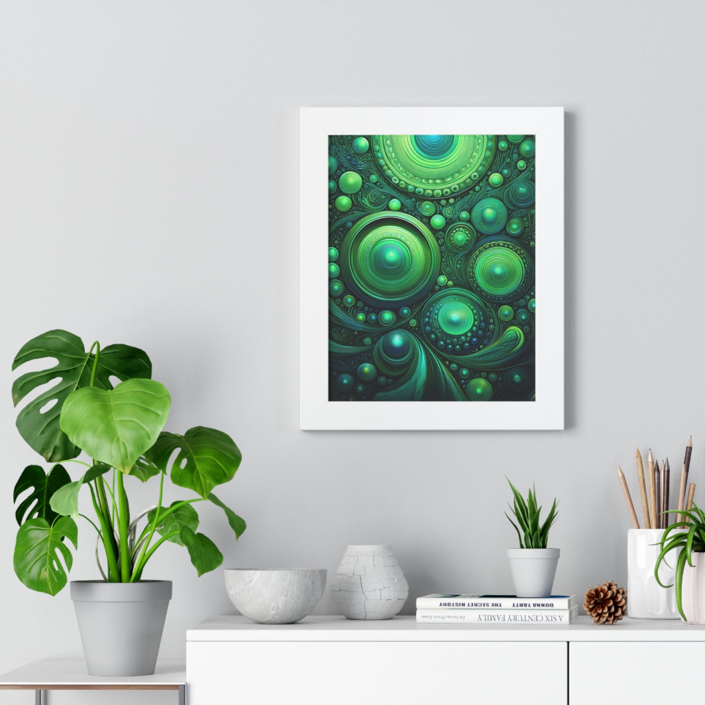 Verde Future Abstract Green Framed Vertical Poster - Modern Wall Art for Home Decor