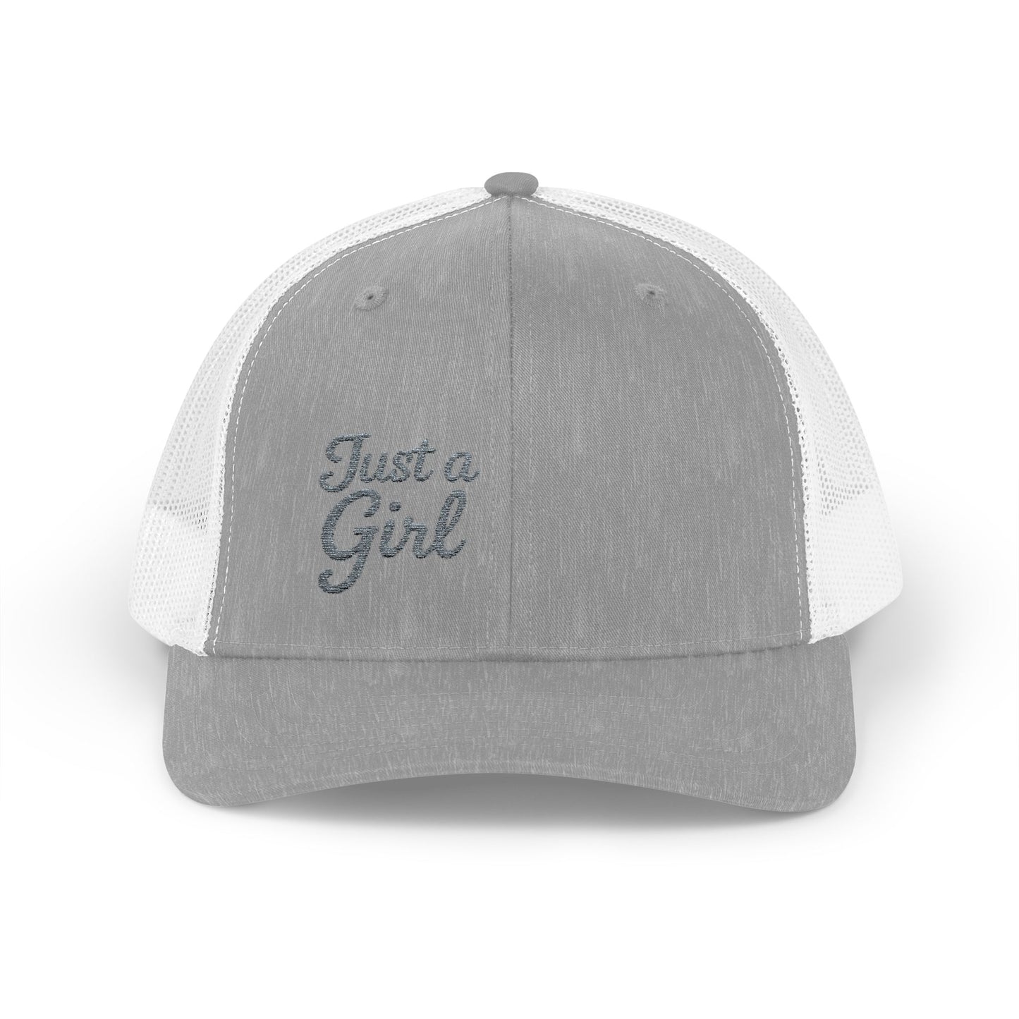Just a Girl Trucker Hat – Minimalist Script Hat with Bold Feminine Energy and Classic Style. Grey Letters