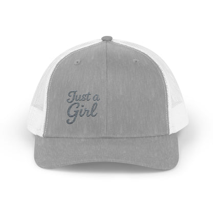 Just a Girl Trucker Hat – Minimalist Script Hat with Bold Feminine Energy and Classic Style. Grey Letters