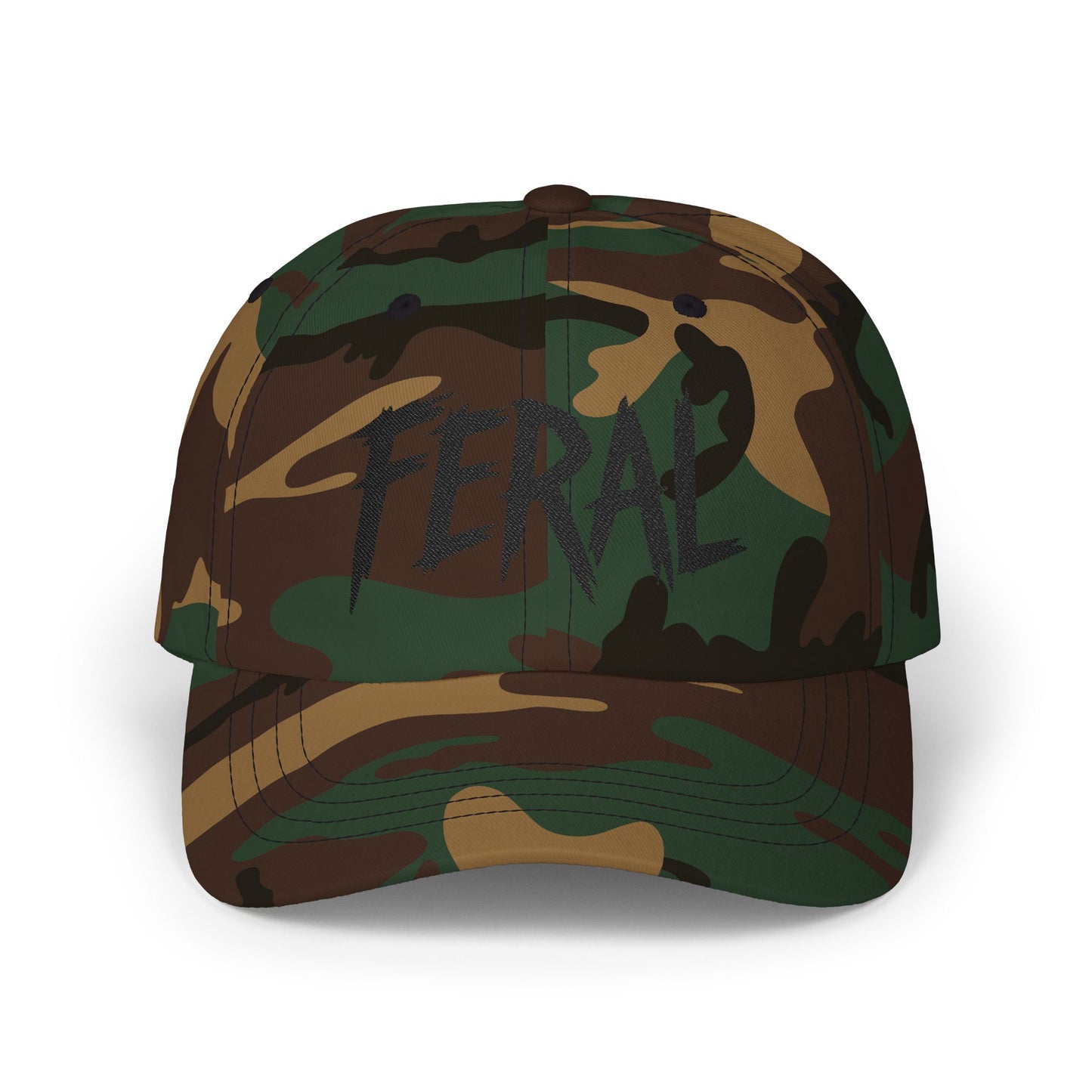 FERAL Embroidered Classic Dad Hat – Bold Statement Baseball Hat with Wild Energy Font for Rebels, Misfits, and Chaos Enthusiasts.