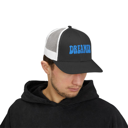 Dreamer Trucker Hat – Embroidered Minimalist Script Hat for Visionaries, Creatives, and Chill Daydreamers. Blue Letters