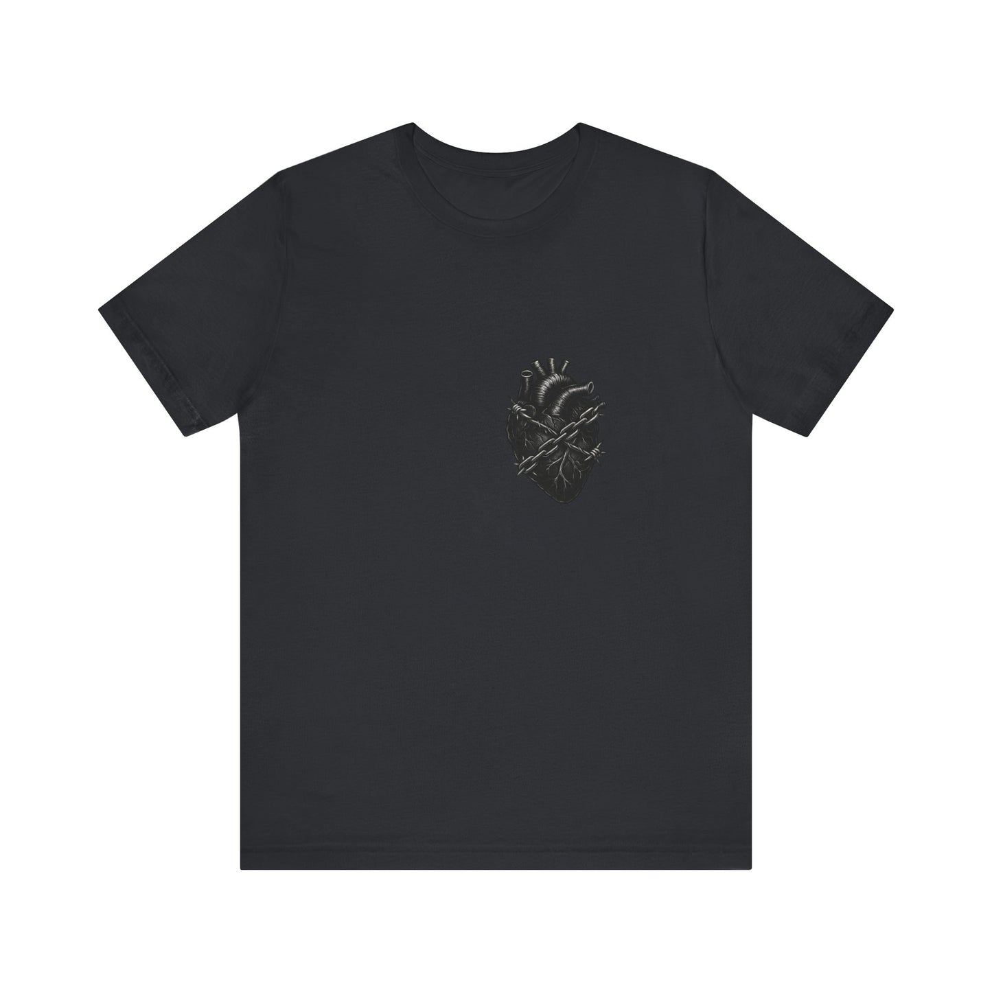 Heart in Chains Shirt – Dark Theme Anatomical Heart Wrapped in Barbed Wire and Commitment Issues. Unisex Jersey Short Sleeve Tee