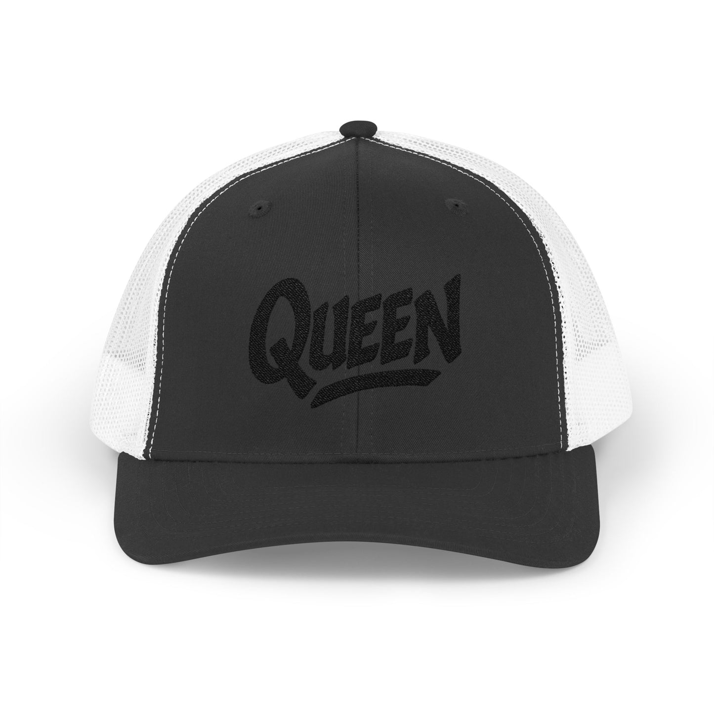 Queen Trucker Hat – Embroidered Crown Hat for Confident Women. Black Letters