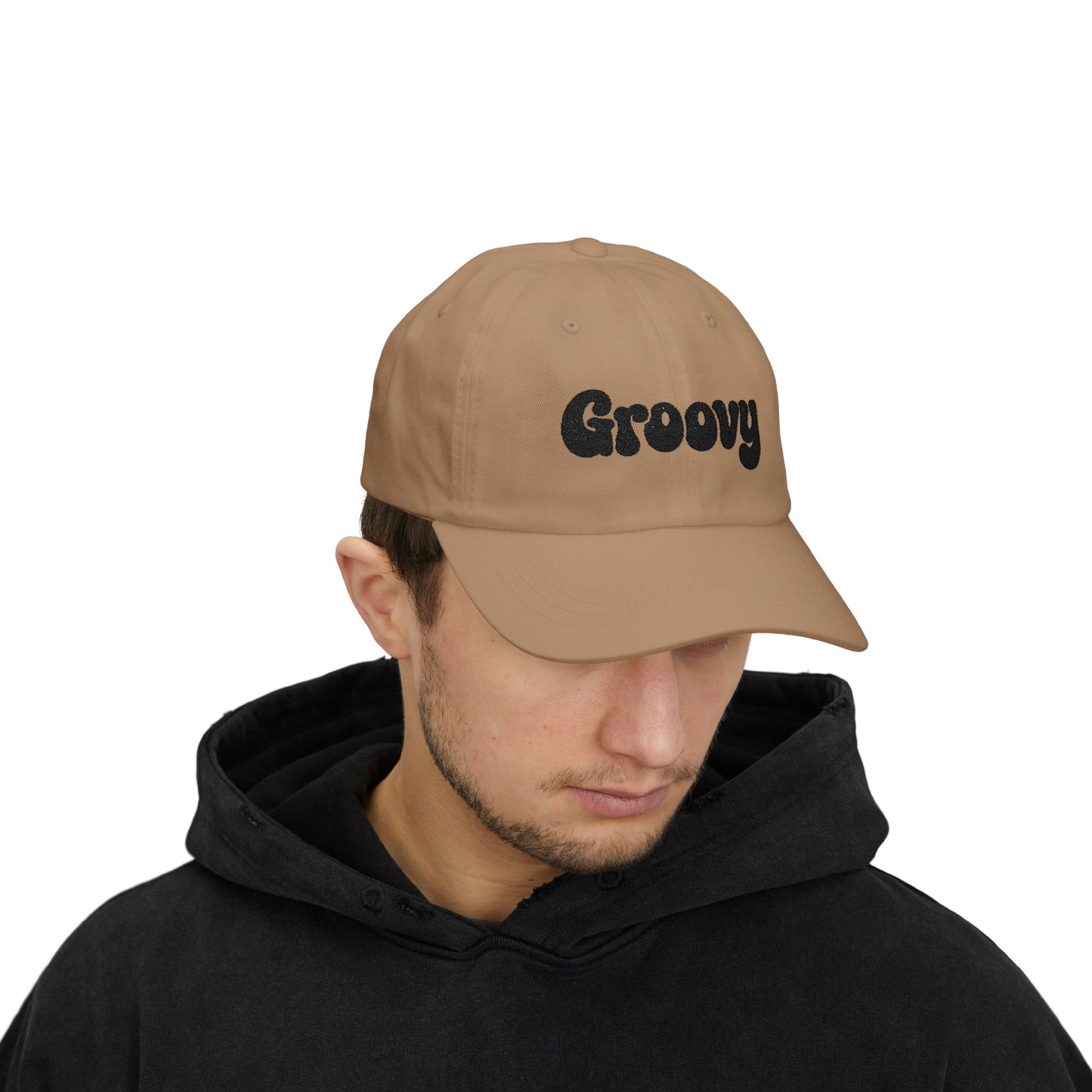 Groovy Classic Dad Hat – Retro Embroidered Hat with 70s Style Font for Funky Vibes, Chill Days, and Vintage Cool. Black Letters