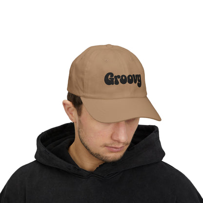 Groovy Classic Dad Hat – Retro Embroidered Hat with 70s Style Font for Funky Vibes, Chill Days, and Vintage Cool. Black Letters