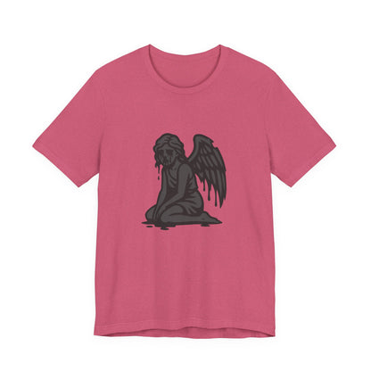 Fallen Angel Dark Theme Graphic T-Shirt – Dark Grayscale Crying Angel Design on Black Tee with Gothic Mood and Modern Ghost Effect. Unisex Jersey Short Sleeve Tee