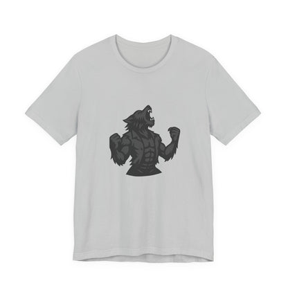 Werewolf Transformation T-Shirt – Dark Theme Grayscale Muscular Monster Design on Black Tee with Savage Energy and Modern Ghost Effect. Unisex Jersey Short Sleeve Tee