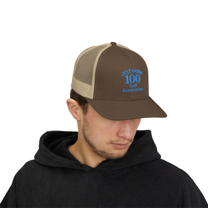 Just Under 100 Golf Trucker Hat – Embroidered Funny Golf Hat for Weekend Golfers and Casual Fairway Vibes. Blue Letters