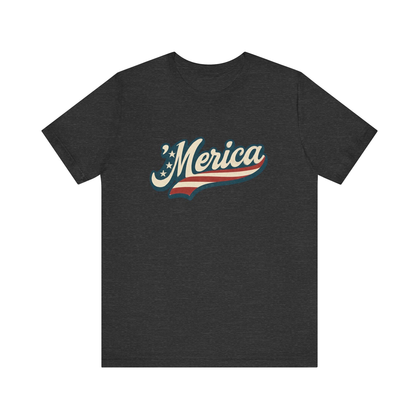'Merica Vintage Script Shirt – Patriotic Retro USA Tee for 4th of July – Independence Day American Pride Design. Unisex Jersey Short Sleeve Tee