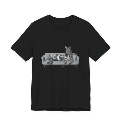 Relaxed Zebra on Couch Graphic Tee Dark Theme – Chill Animal Art with Modern Vector Design
