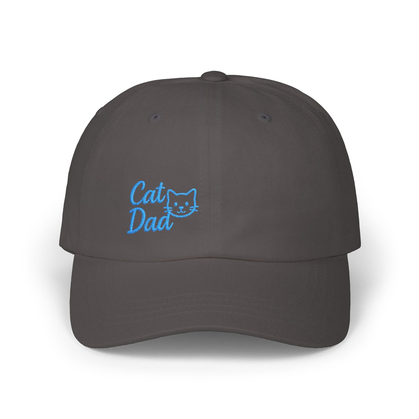 Cat Dad Classic Dad Hat – Embroidered Minimalist Cat Face Hat for Proud Pet Dads and Feline Fans. Blue Letters