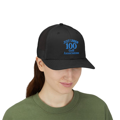 Just Under 100 Golf Trucker Hat – Embroidered Funny Golf Hat for Weekend Golfers and Casual Fairway Vibes. Blue Letters