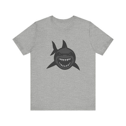 Ferocious Shark Face Graphic Tee with a Bold Bite – Dark Theme Ocean Predator Shirt in Black and Grey. Unisex Jersey Short Sleeve Tee