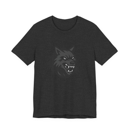 Dark Theme Wolf Head Shirt – Fierce Growling Wolf Face Graphic in Black and Grey for Bold, Edgy Style. Unisex Jersey Short Sleeve Tee