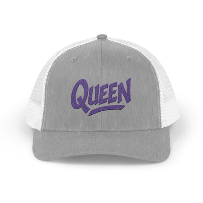 Queen Trucker Hat – Embroidered Crown Hat for Confident Women. Purple Letters