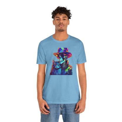 Cool Skeleton and Cat Halloween Shirt – Neon Retro Horror Graphic Tee for Spooky Style and Cat Lovers