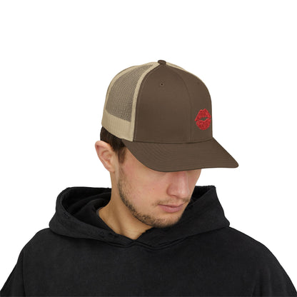 Red Lips Trucker Hat – Embroidered Pop Art Hat with Kiss Design