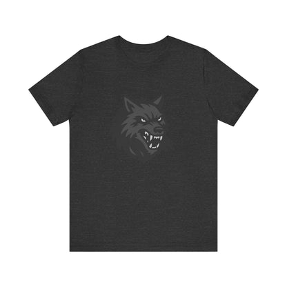 Dark Theme Wolf Head Shirt – Fierce Growling Wolf Face Graphic in Black and Grey for Bold, Edgy Style. Unisex Jersey Short Sleeve Tee