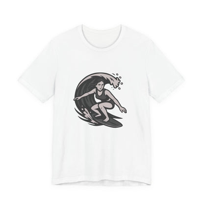 Surf Girl Graphic T-Shirt – Dark Theme Grayscale Female Surfer Riding Wave on Black Tee with Flow State Energy and Modern Ghost Effect. Unisex Jersey Short Sleeve Tee