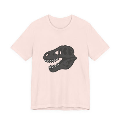 T-Rex Skull Graphic T-Shirt – Dark Theme Grayscale Dinosaur Skeleton Design on Black Tee with Prehistoric Edge and Modern Ghost Effect. Unisex Jersey Short Sleeve Tee
