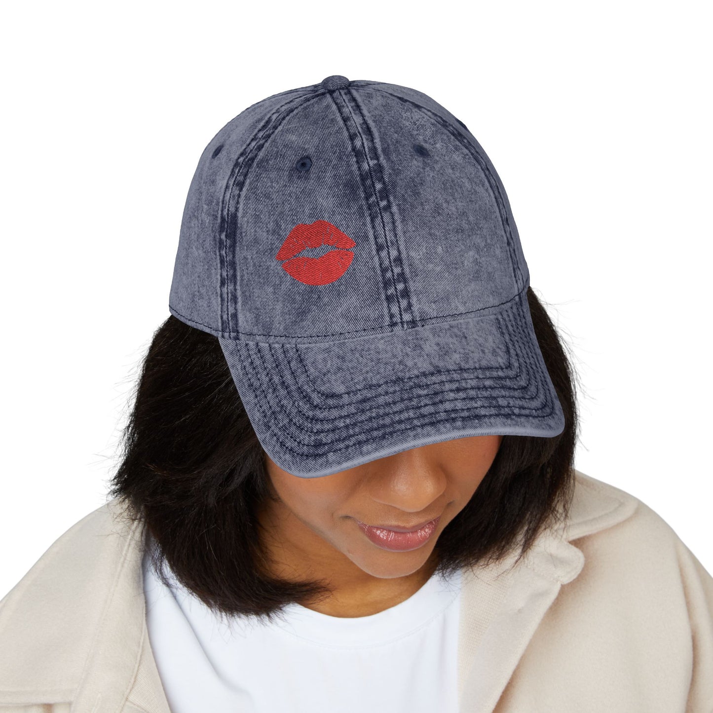 Red Lips Vintage Hat – Bold Embroidered Kiss Hat for Flirty, Fun Style