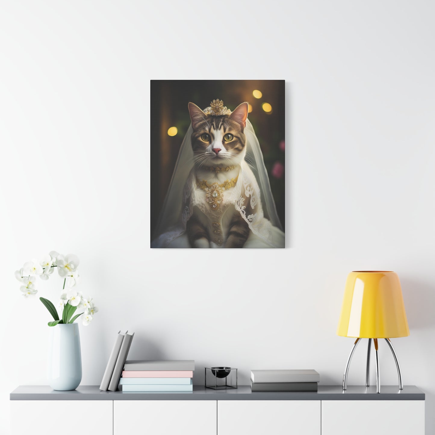 Cat Bride in White Lace Dress Canvas Art | Stretched Matte Wall Decor