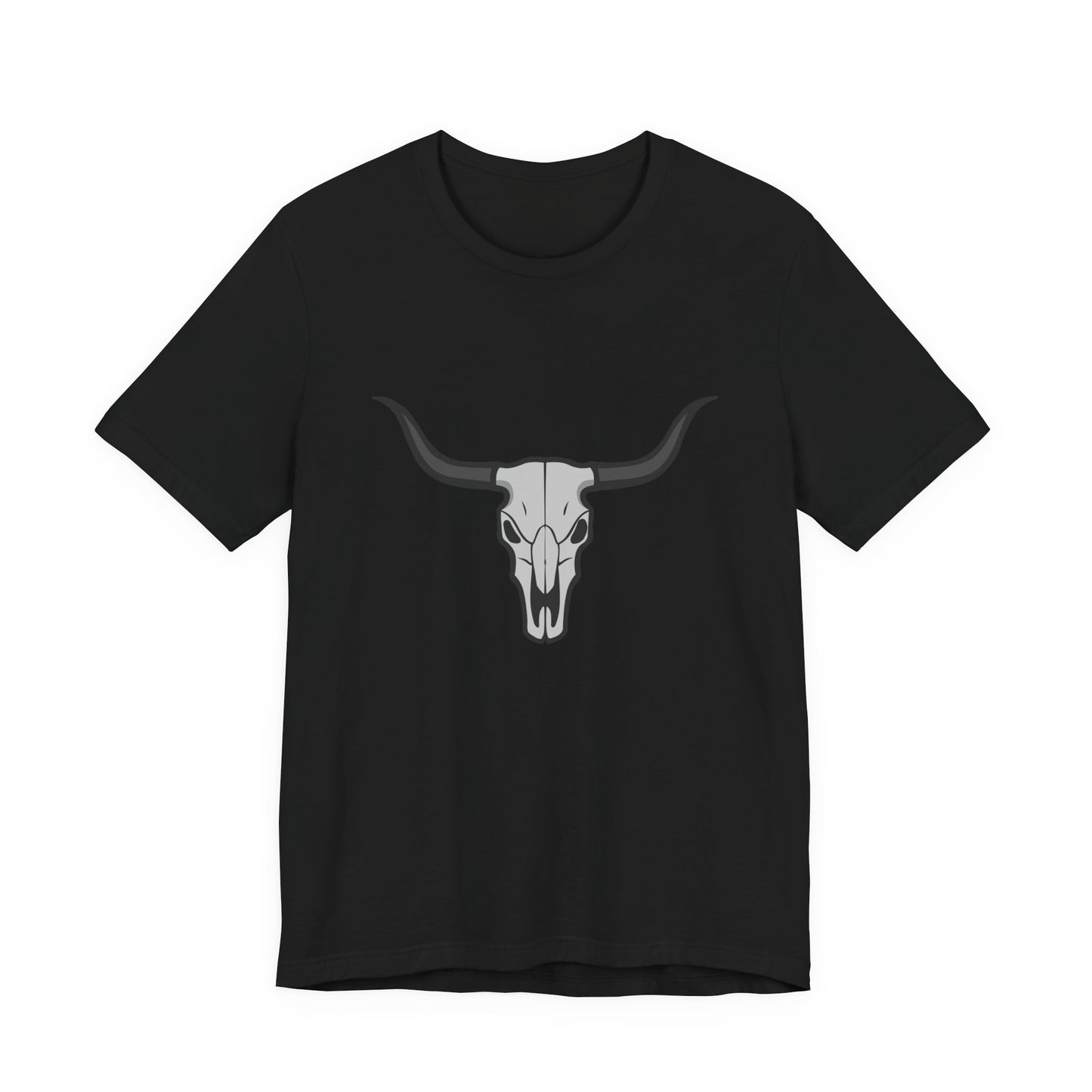 Dark Theme Steer Skull Shirt – Western Cow Skull Graphic in Grey and Black for Desert Gothic Vibes. Unisex Jersey Short Sleeve Tee