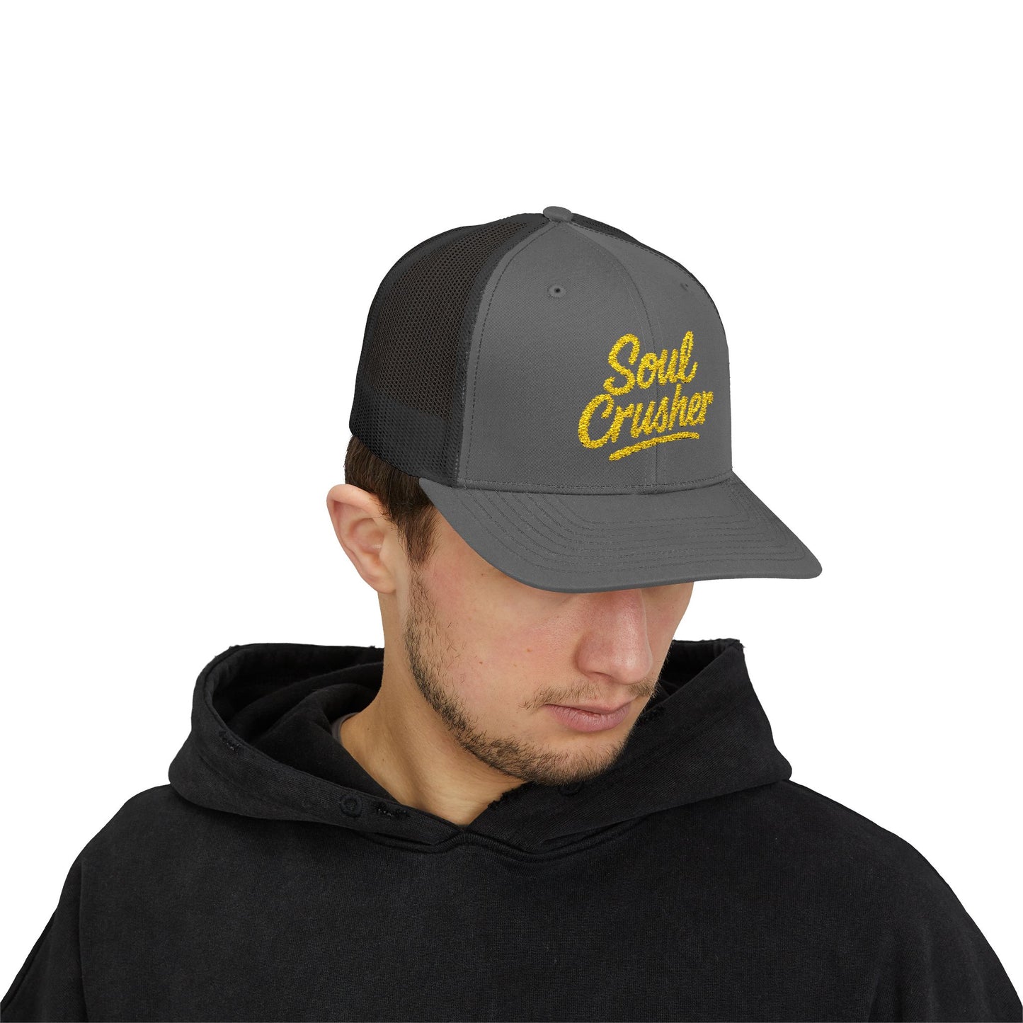 Soul Crusher Trucker Hat – Clean Script Hat with Bold Edge for Heartbreakers, Villains, and Power Moves. Yellow Letters