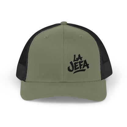 La Jefa Trucker Hat – Embroidered Latina Boss Hat for Bold Women. Black Letters