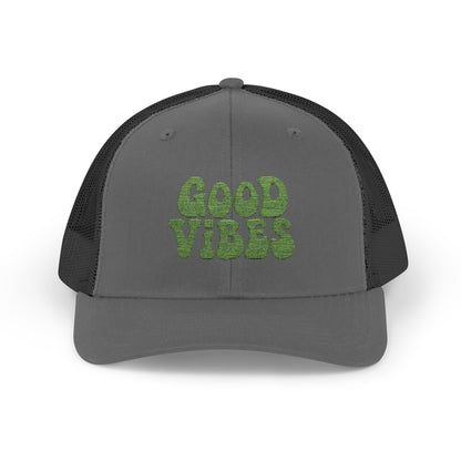 Good Vibes Trucker Hat – Embroidered Retro Text Hat for Positive Vibes, Chill Style, and Everyday Feel-Good Energy. Green Letters