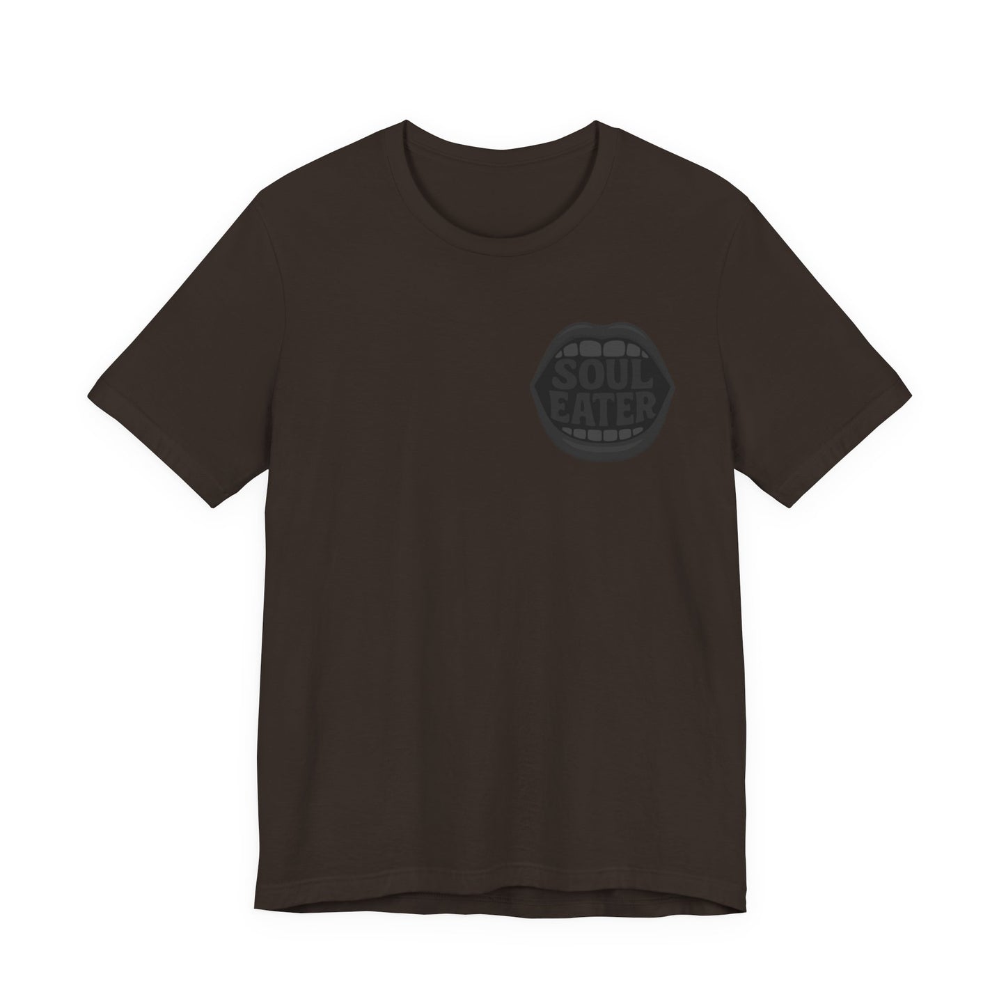 Soul Eater Mouth Graphic T-Shirt – Dark Theme Grayscale Teeth Typography on Black Tee with Horror Vibes and Modern Ghost Effect. Unisex Jersey Short Sleeve Tee