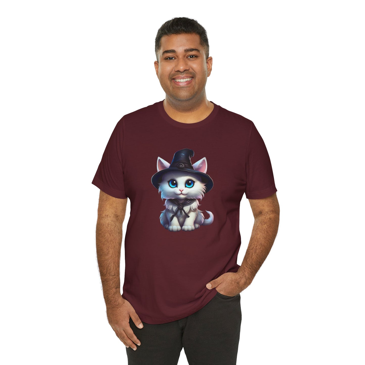 Adorable Witch Cat Halloween Shirt – Cute White Cat in Hat Graphic Tee for Cat Lovers and Halloween Fans