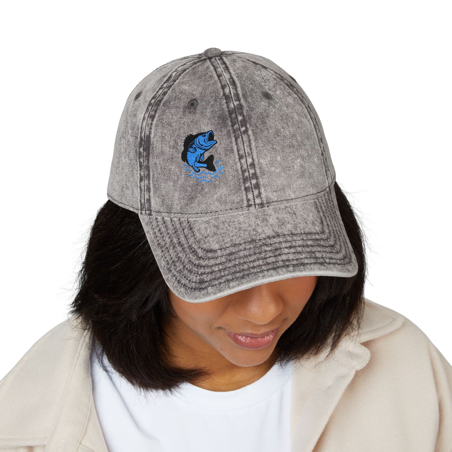 Jumping Fish Vintage Hat – Embroidered Blue Fishing Hat for Anglers, Lake Days, and Outdoor Style
