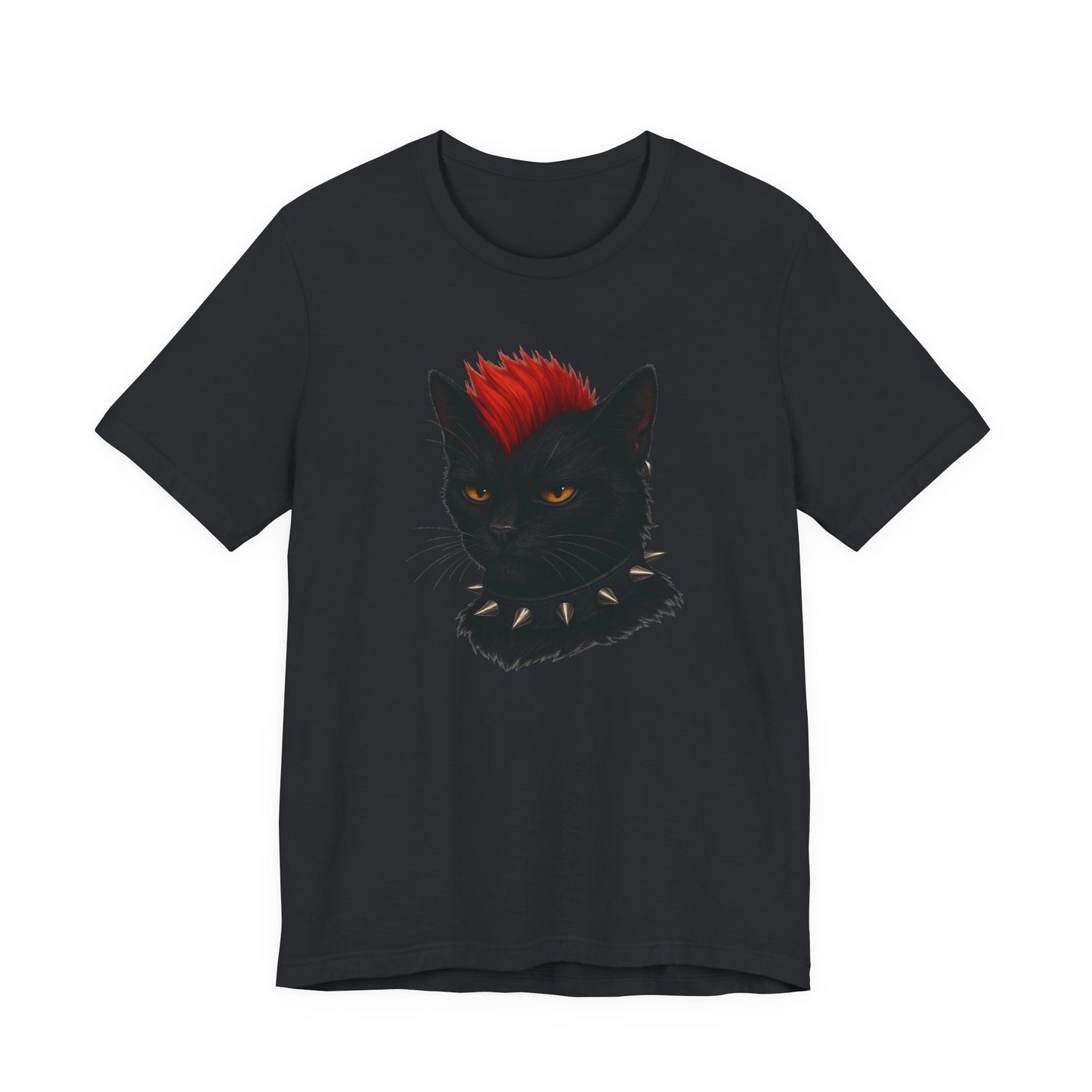 Punk Rock Black Cat Graphic Tee Dark Theme – Spiked Collar Rebel Feline Design