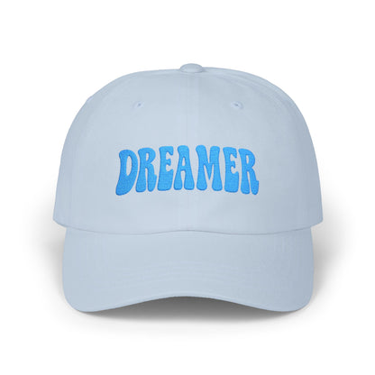 Dreamer Classic Dad Hat – Embroidered Minimalist Script Hat for Visionaries, Creatives, and Chill Daydreamers. Blue Letters