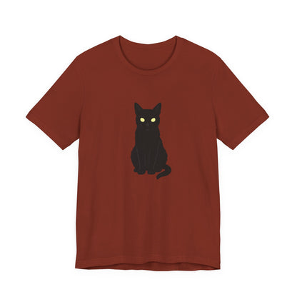 Glowing-Eyed Black Cat Shirt – Dark Theme Feline Stare for Maximum Spook and Minimal Effort. Unisex Jersey Short Sleeve Tee