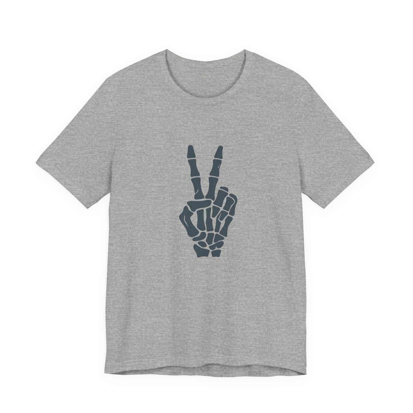 Skeleton Peace Hand Graphic T-Shirt – Gritty Dark Theme Grayscale Bones on Black Tee with Rebellious Calm and Modern Ghost Effect. Unisex Jersey Short Sleeve Tee