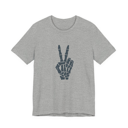 Skeleton Peace Hand Graphic T-Shirt – Gritty Dark Theme Grayscale Bones on Black Tee with Rebellious Calm and Modern Ghost Effect. Unisex Jersey Short Sleeve Tee