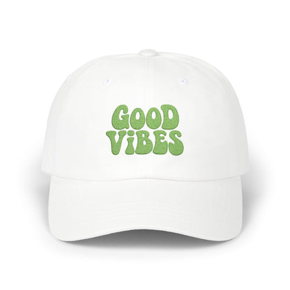Good Vibes Classic Dad Hat – Embroidered Retro Text Hat for Positive Vibes, Chill Style, and Everyday Feel-Good Energy. Green Letters