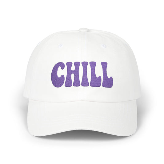 Chill Classic Dad Hat – Embroidered Relaxed Script Hat for Easygoing Vibes and Everyday Cool. Purple Letters