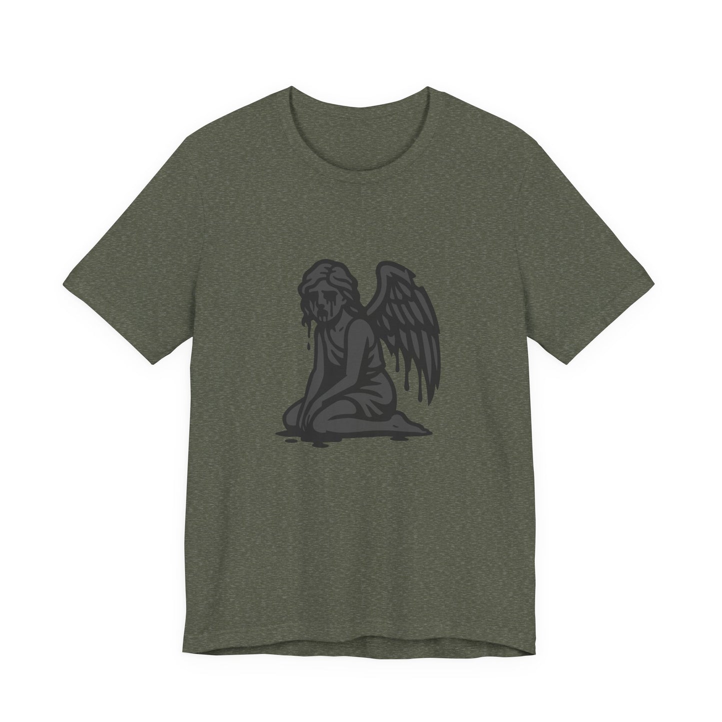 Fallen Angel Dark Theme Graphic T-Shirt – Dark Grayscale Crying Angel Design on Black Tee with Gothic Mood and Modern Ghost Effect. Unisex Jersey Short Sleeve Tee