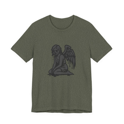 Fallen Angel Dark Theme Graphic T-Shirt – Dark Grayscale Crying Angel Design on Black Tee with Gothic Mood and Modern Ghost Effect. Unisex Jersey Short Sleeve Tee