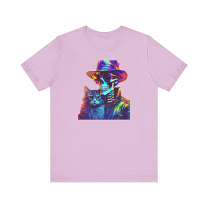 Cool Skeleton and Cat Halloween Shirt – Neon Retro Horror Graphic Tee for Spooky Style and Cat Lovers