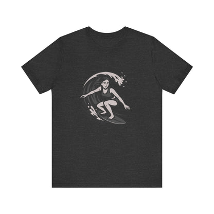Surf Girl Graphic T-Shirt – Dark Theme Grayscale Female Surfer Riding Wave on Black Tee with Flow State Energy and Modern Ghost Effect. Unisex Jersey Short Sleeve Tee