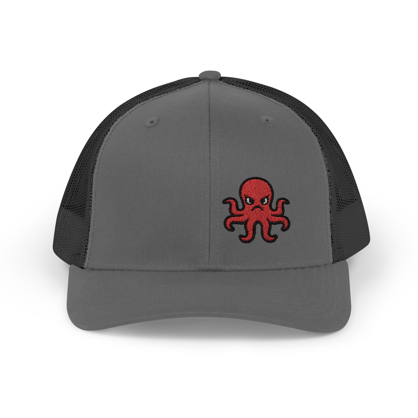 Angry Octopus Trucker Hat – Embroidered Red Sea Creature Hat with Cartoon Vibes and Bold Attitude
