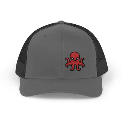 Angry Octopus Trucker Hat – Embroidered Red Sea Creature Hat with Cartoon Vibes and Bold Attitude