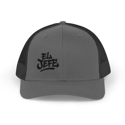 El Jefe Trucker Hat – Embroidered Bold Text Hat for Boss Energy, Leadership Style, and Latin Flair. Black Letters