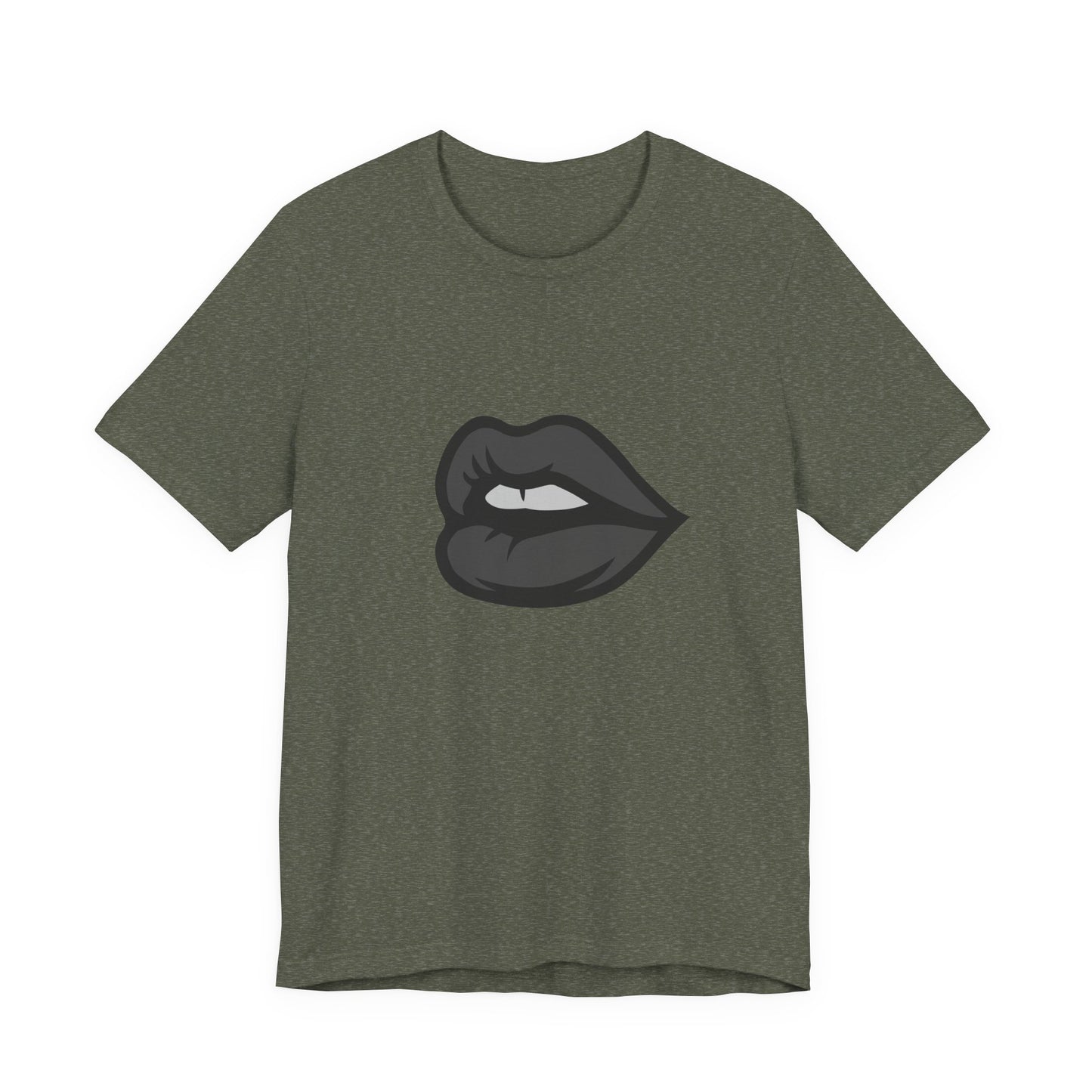 Dark Lips Graphic T-Shirt – Dark Theme Grayscale Biting Lip Design on Black Tee with Subtle Seduction and Modern Ghost Effect. Unisex Jersey Short Sleeve Tee