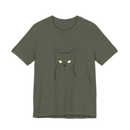 Ghost Cat Eyes Tee – Dark Theme Black Cat Outline with Transparent Face and Glowing Stare. Unisex Jersey Short Sleeve Tee